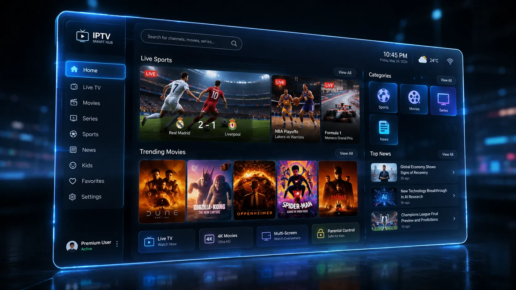 Live NFL football broadcast streaming via IPTV in HD on a large television with an on-screen score graphic